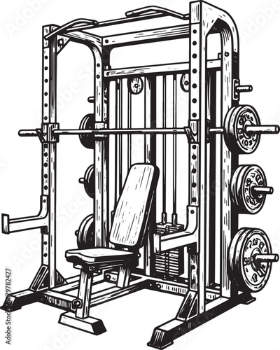 Monochrome woodcut illustration of a detailed smith machine for