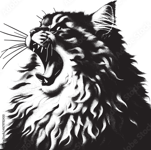 Illustration of a black cat with its mouth wide open, expressing anger or a loud scream