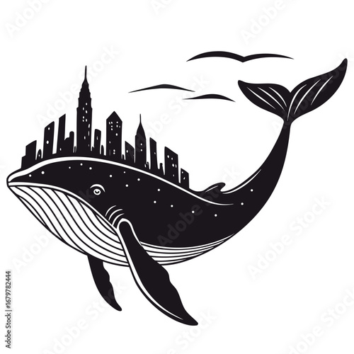 Whale swimming across glowing city silhouette