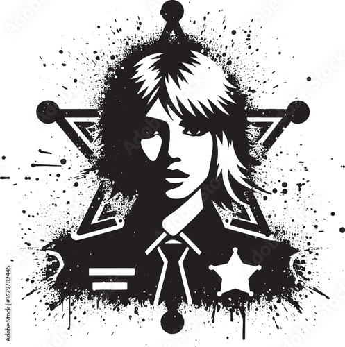 Stylish Black and White Sheriff Portrait with Star Badge and Ink Splatter Effect