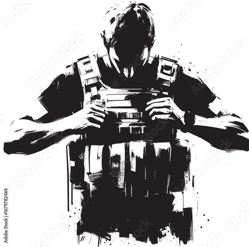 Sumi-e Illustration of a Figure Adjusting Tactical Vest Straps w