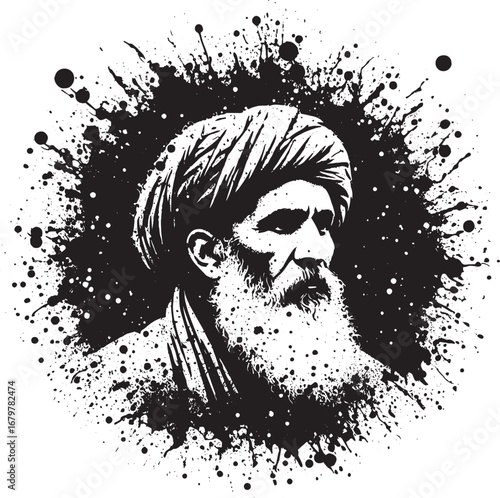 Illustration of a bearded man in a turban with a splash effect, artistic portrait