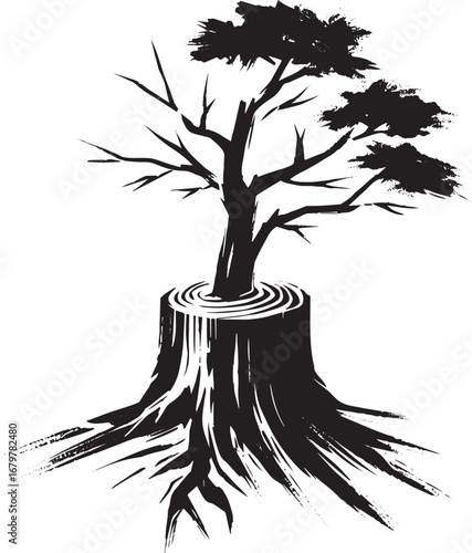 Minimalist sumi-e style tree stump icon with brush stroke, simpl