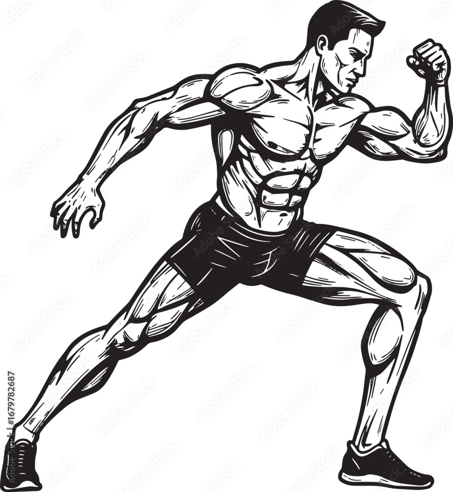 Fototapeta premium Dynamic Woodcut Illustration of a Muscular Athlete in Action on
