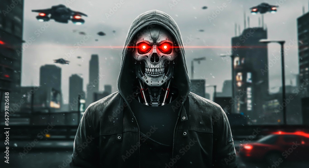 Fototapeta premium Futuristic Cyborg in Dystopian Cityscape