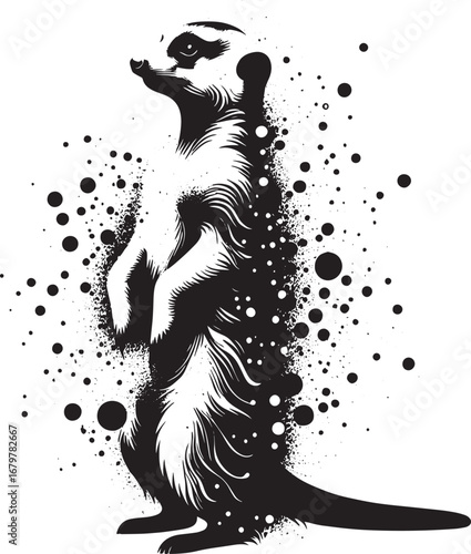 A striking black and white illustration of a meerkat standing upright, with artistic details