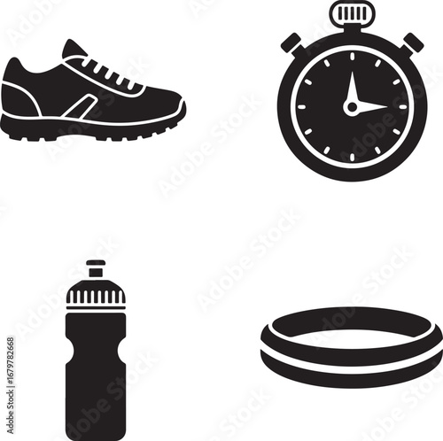 Fitness equipment concept running shoe stopwatch water bottle and resistance band for training workout program