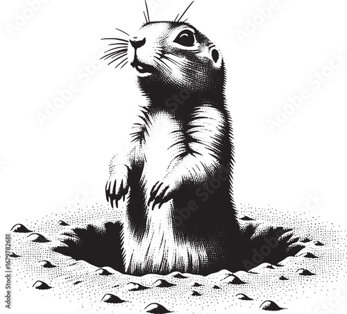 Black and White Illustration of a Curious Prairie Dog Emerging from Its Burrow