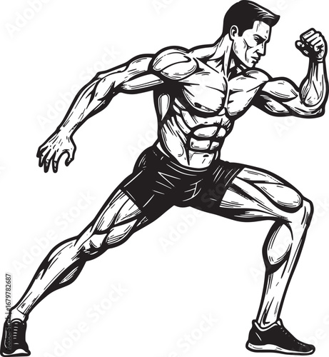 Dynamic Woodcut Illustration of a Muscular Athlete in Action on