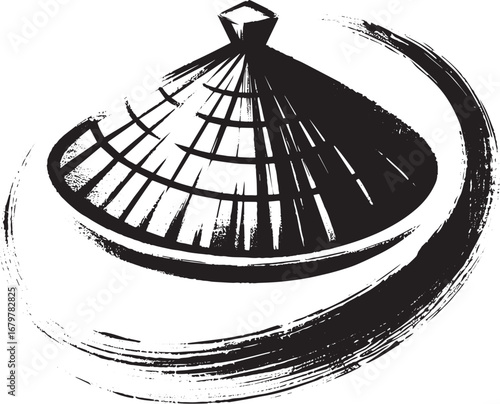 Abstract Sumi-e Asian conical hat illustration with brush stroke
