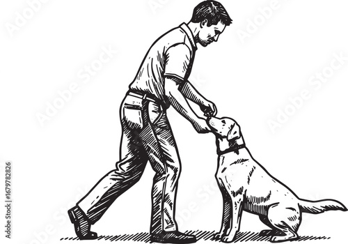 Classic black and white sketch of a man giving a treat to his ca