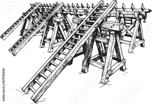 Hand-drawn Siege Ladders, a Monochrome Illustration of Historica