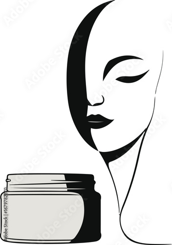 Minimal face silhouette with cream jar, clean thin line black and white vector 1