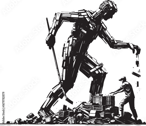 Conceptual Sumi-e Illustration: Man Constructs Life-Size Sculptu