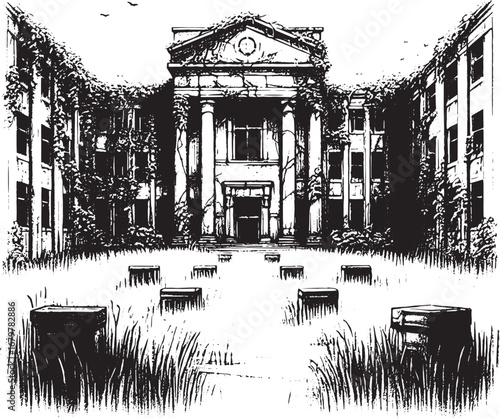 Illustration of an Abandoned Building in Black and White with Overgrown Vegetation