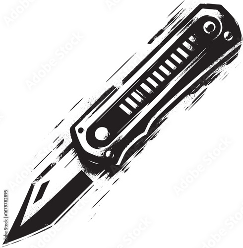 Minimalist sumi-e style utility knife emblem with brush stroke t