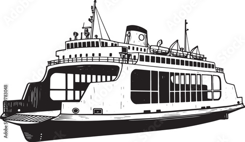 Monochromatic Ferry Boat Illustration in Woodcut Style on Isolat