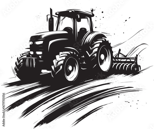 Monochrome depiction of a Tractor Plowing in an illustrative bru