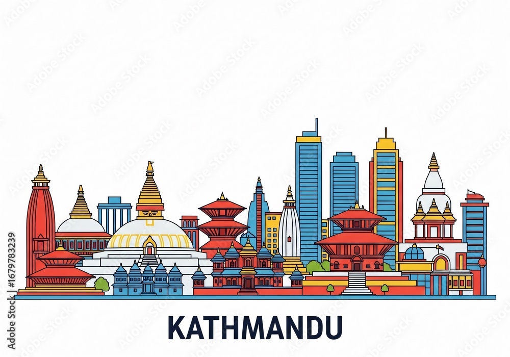 Naklejka premium Colorful Kathmandu City Skyline Vector Illustration Isolated on White Background
