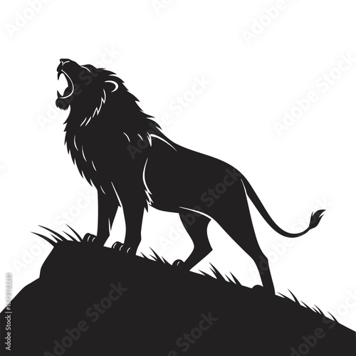Lion roaring across neon plain silhouette