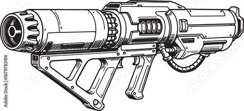 Futuristic Plasma Rifle Illustration in Detailed Woodcut Style o
