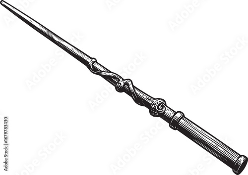 Detailed woodcut illustration of a magical wand with vine, isola