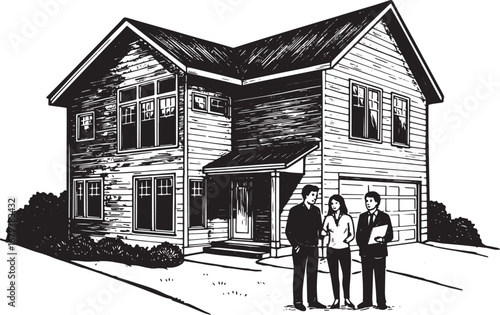 Home viewing in woodcut style, a prospective buyer and a broker