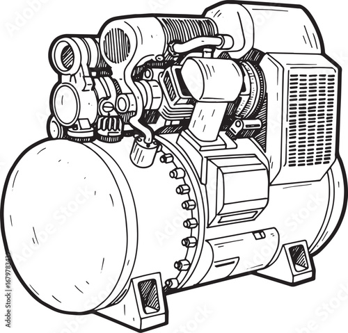 Detailed woodcut-style illustration of a compressor, showcasing
