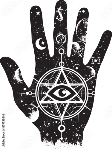 Mystical hand illustration with celestial elements and symbols, ideal for fortune telling and design