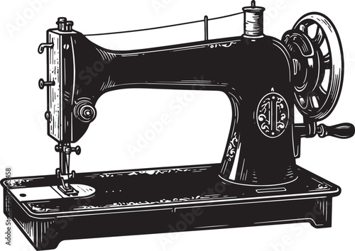 Monochrome illustration of a vintage sewing machine on an isolat