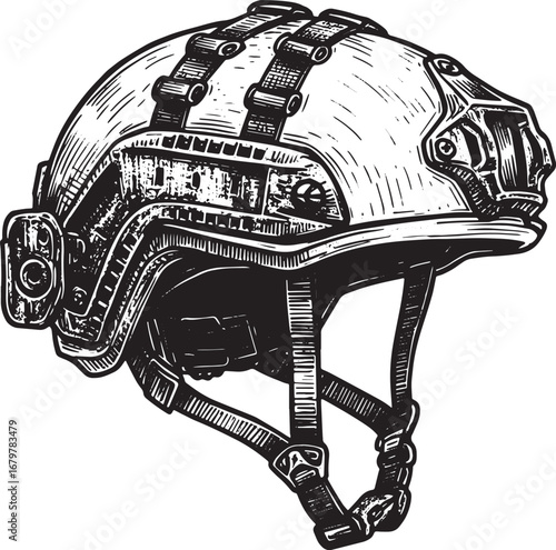 Monochrome rendering of a tactical helmet with intricate linewor