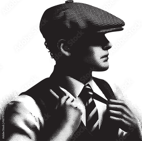 Detailed black and white illustration of a man in a vintage cap and suit adjusting his tie
