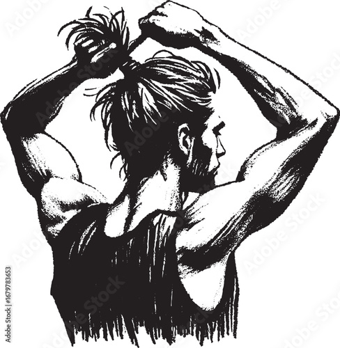 A black and white illustration of a man tying his hair up into a ponytail