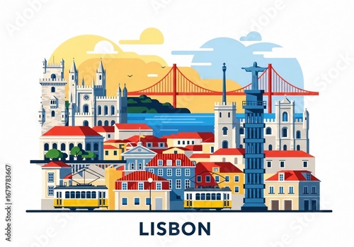 Colorful Lisbon City Skyline Vector Illustration Isolated on White Background