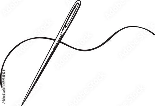 Minimalist Needle and Thread Woodcut Style Black and White Illus