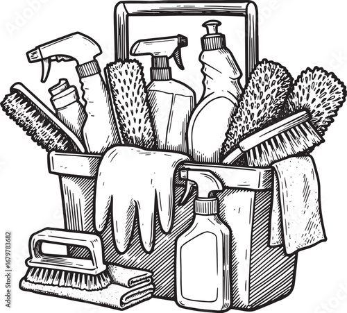 Hand Drawn Illustration of a Cleaning Supply Caddy with Various