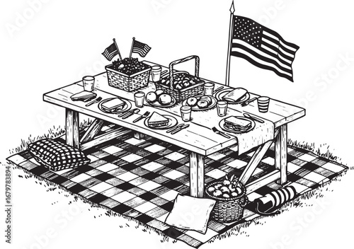 Patriotic picnic sketch featuring sandwiches, fruits and america