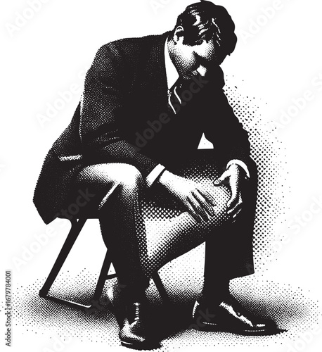 Illustration of a Depressed or Worried Businessman Sitting on a Chair in Black and White