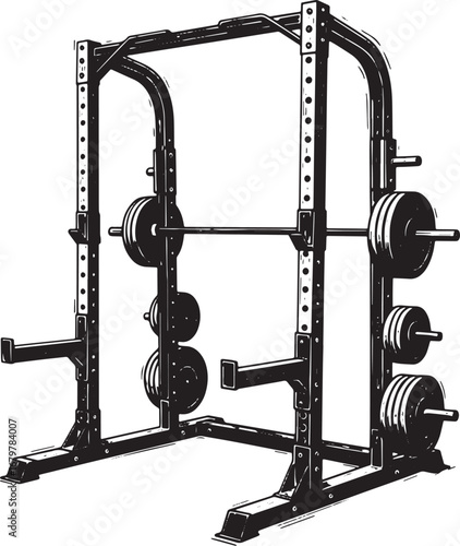 Monochrome Engraving Style Squat Rack Illustration for Gym and F
