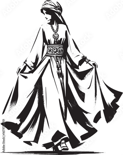Elegant omani woman in flowing dress, sumi-e style, minimalist b