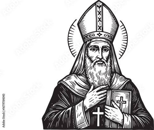 Woodcut Illustration of a Religious Figure with Beard and Mitre