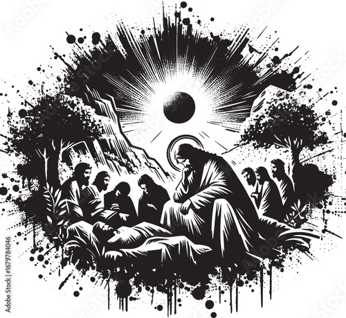 Artistic black and white depiction of a biblical scene, featuring jesus and disciples
