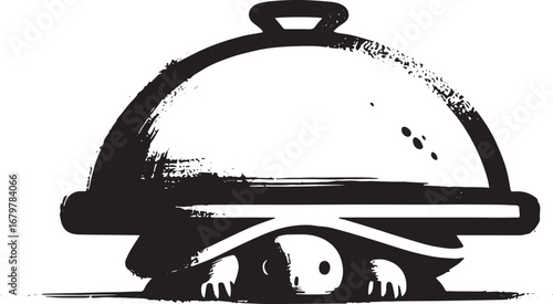 A creative and artistic illustration depicting a turtle hidden under a food cloche