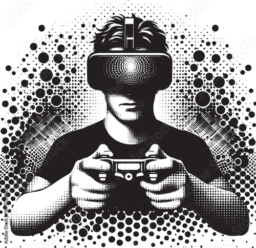 Illustration of a person immersed in virtual reality gaming with a controller in hand