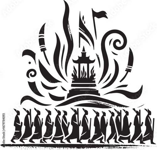 Monochromatic Sumi-e Style Depiction of a Cultural Procession wi