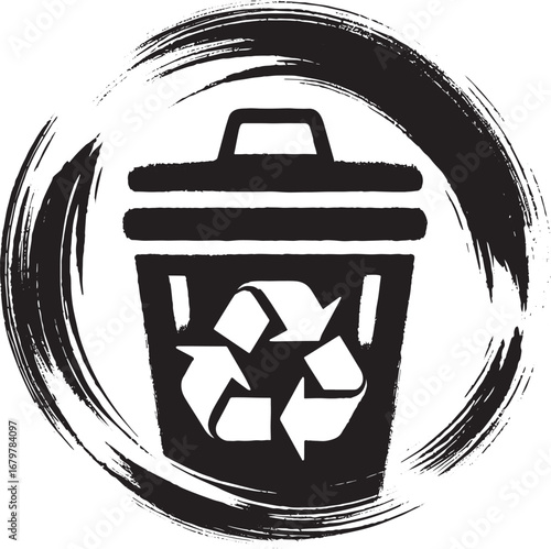 Minimalist sumi-e recycle bin logo embodying waste reduction con