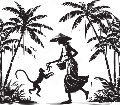 Woman shares banana with leaping monkey amidst dense jungle vege