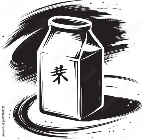 Minimalist Sumi-e Illustration of Buttermilk Carton with Black B