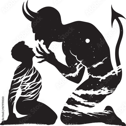 Intriguing Silhouette Depicting a Devilish Figure Interacting with a Submissive Human Being