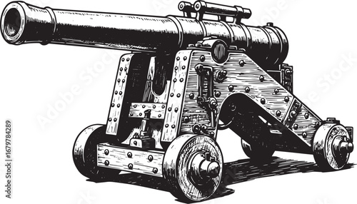 Intricate Woodcut Depiction of a Historic Cannon on a White Back